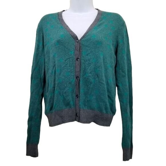 CAbi M Cardigan Sweater Green Polka Dot Gray 903 - Picture 2 of 7
